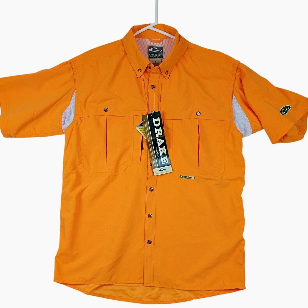 Drake‎ Vented Wingshooter Shirt Mens Small Orange Short Sleeve Oversized Hunting